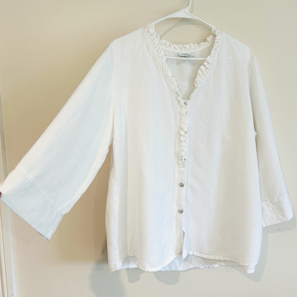 Toofan White 100% Linen Blouse Sz XL Beach Resort Ruffle Button Up 3/4 Sleeve